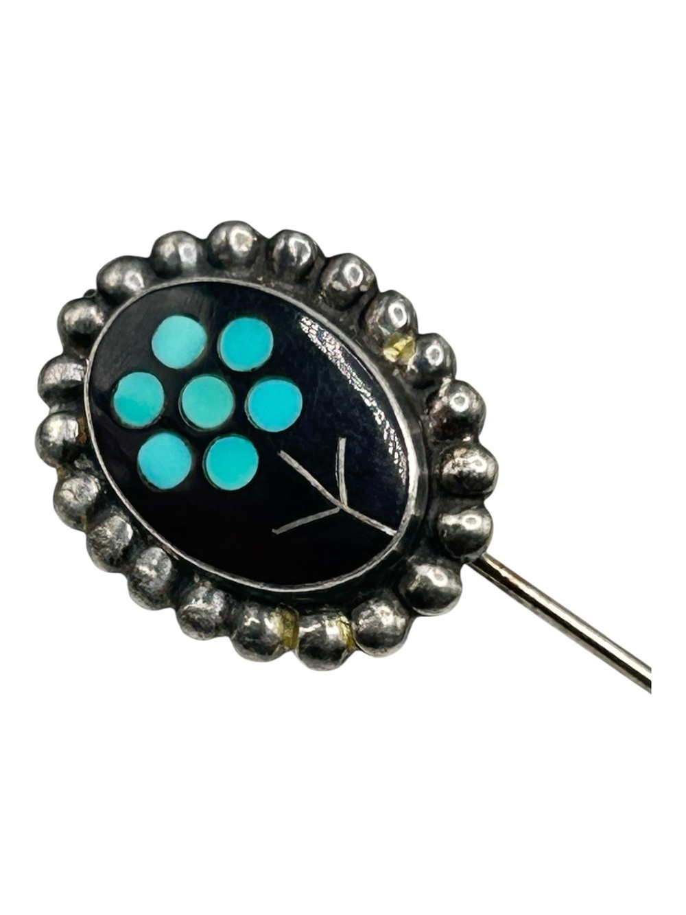 Zuni Jim Paywa Inlay Sterling Stickpin Turquoise Jet Flower